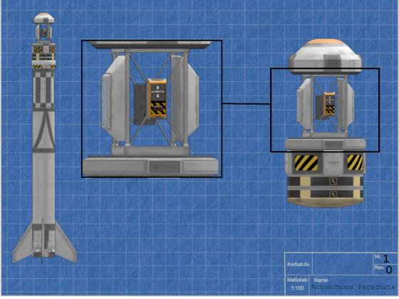 Links - Die Sandstone Rakete mit Ladung   Mitte - Die Autonome Fallschirmeinheit   Rechts - Die komplette Testsonde
